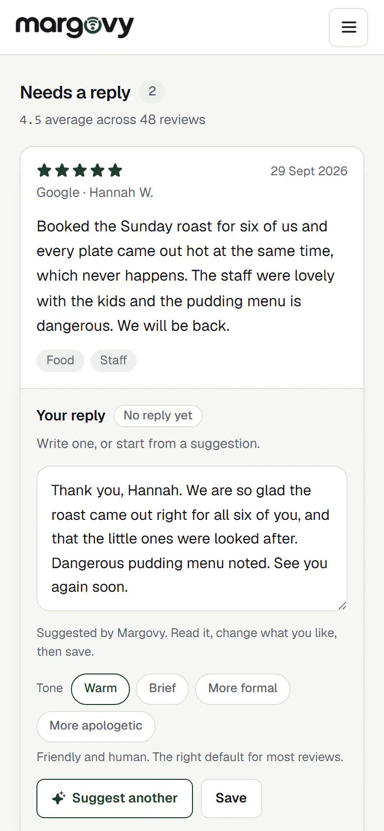 The Margovy reviews page: a five-star Google review with a suggested reply the owner can read, change and save, and a choice of tone for the wording.
